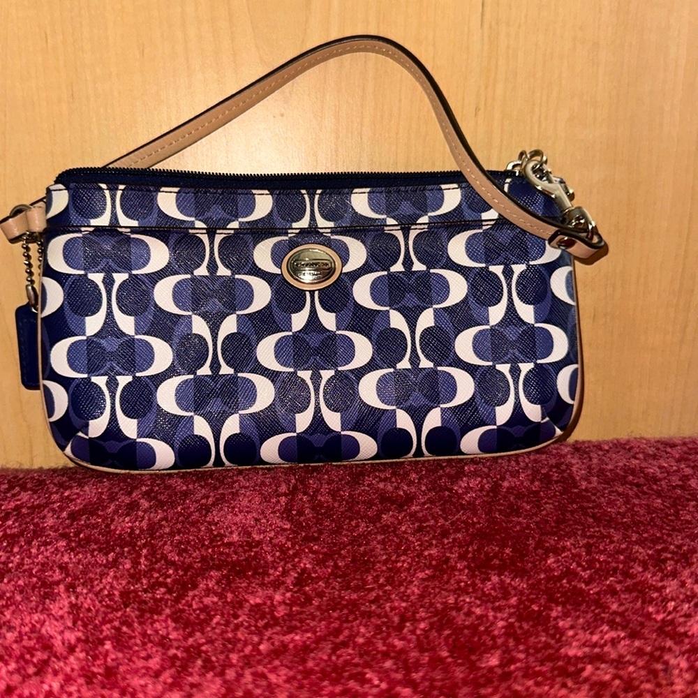 Blue and white coach clutch